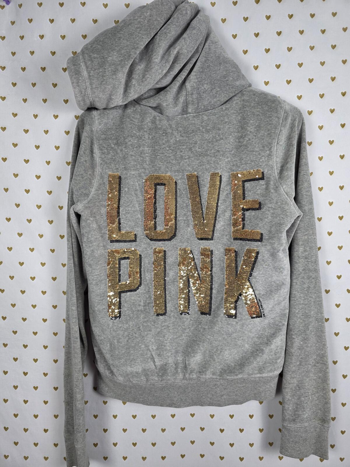 Victorias Secret Pink Grey VELOUR FUR LINED Hoodie Jacket BLING Gold Sequined S