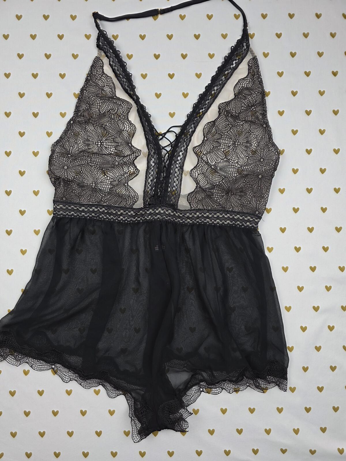 Victorias Secret Black Sexy Sleep ROMPER Lingerie Nightie Black Sheer Lace SMALL