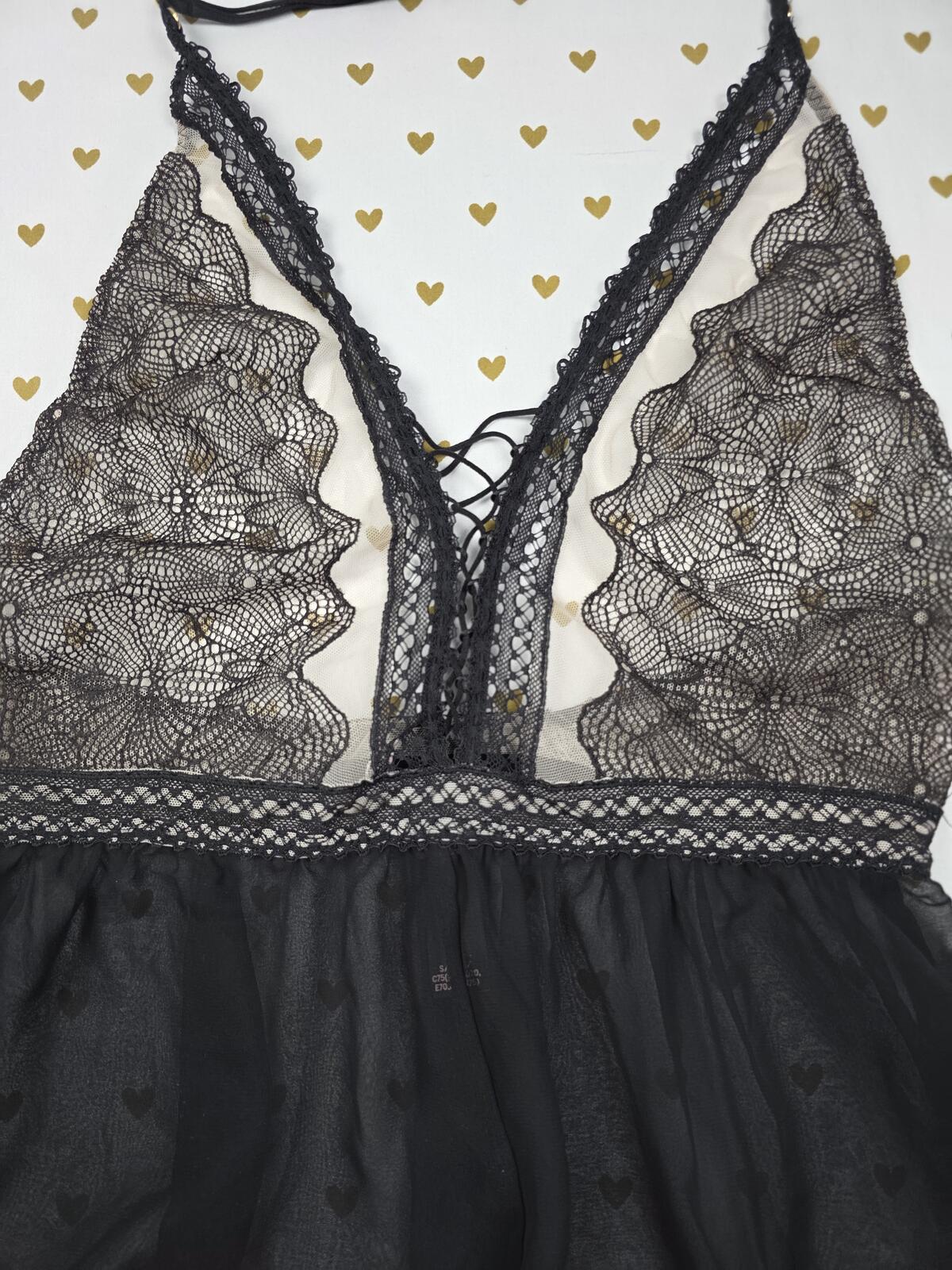 Victorias Secret Black Sexy Sleep ROMPER Lingerie Nightie Black Sheer Lace SMALL