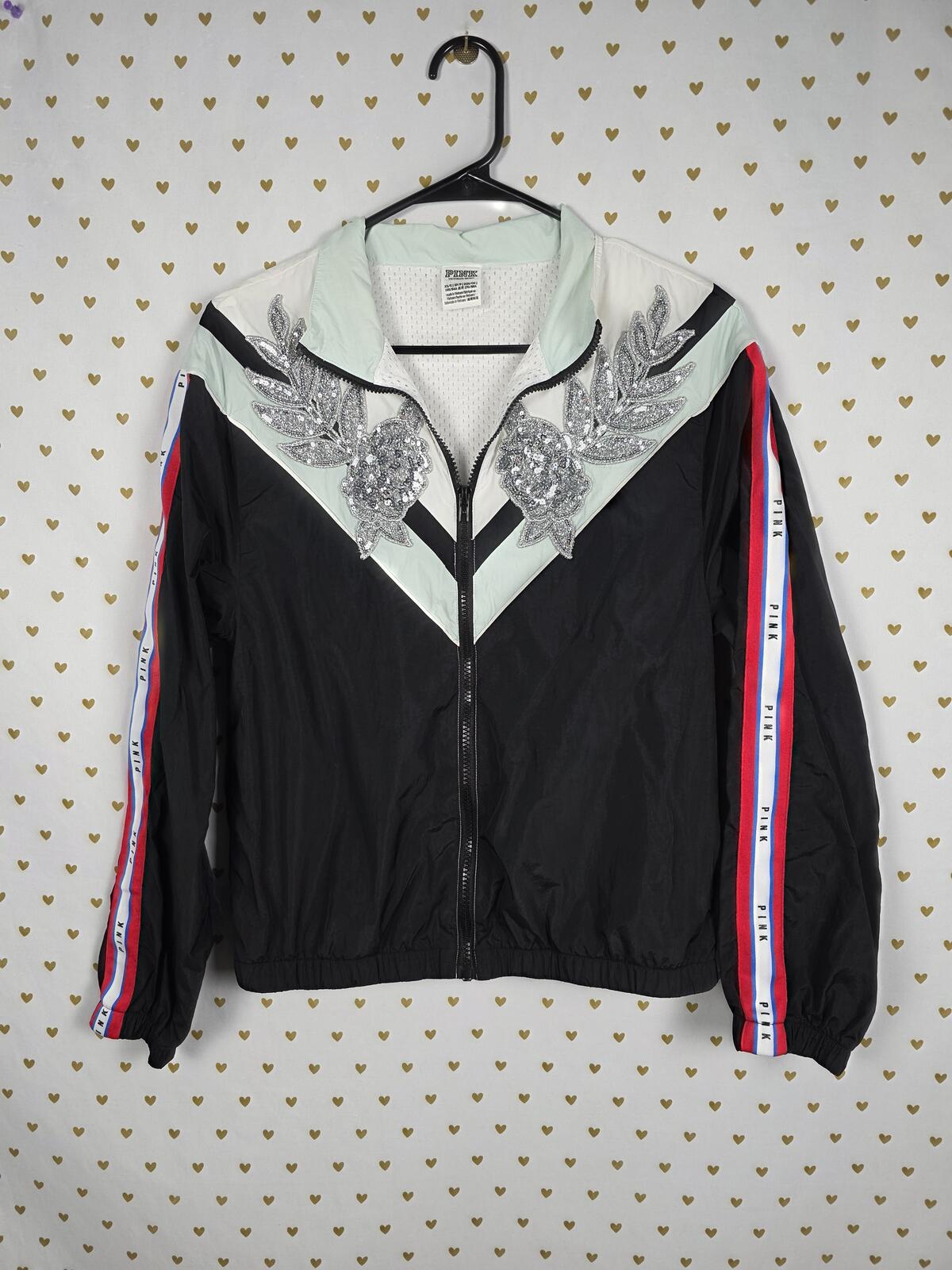Victorias Secret Pink Bling Sequin Applique Track Jacket Coat Anorak XS SMALL