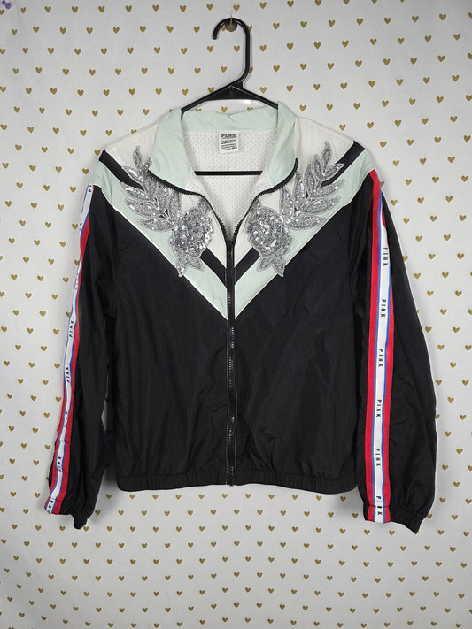 Victorias Secret Pink Bling Sequin Applique Track Jacket Coat Anorak XS SMALL