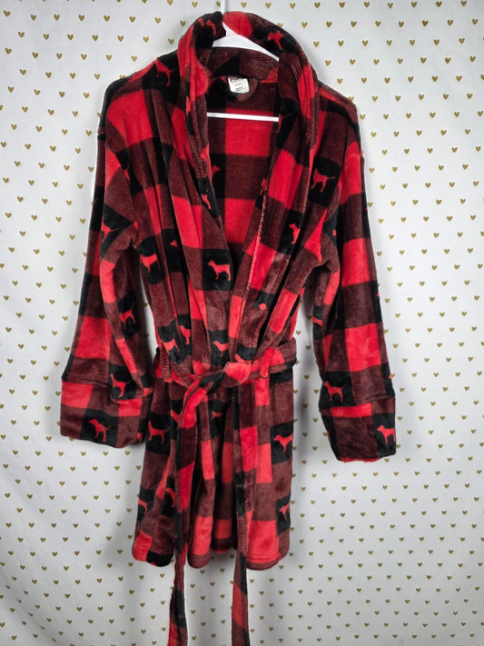 Victorias Secret Thick Red Black Dog Logo buffalo Plaid Fuzzy Robe M LARGE