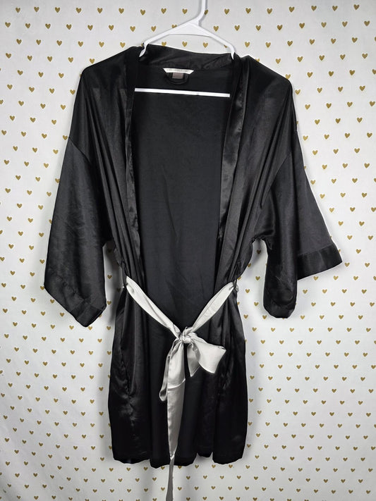 Victorias Secret Satin Silky Robe Black Silver Wrap Lounge Kimono Small Medium