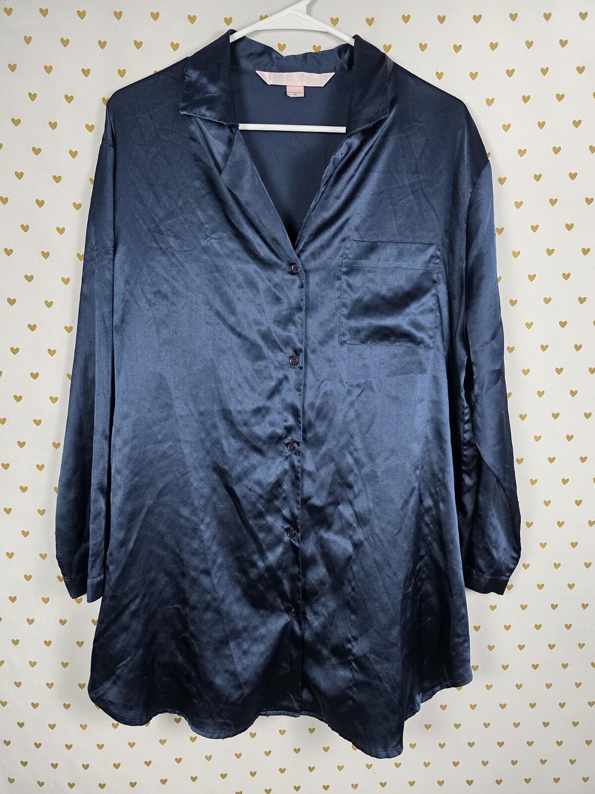 Victorias Secret Dark Blue Silky Satin Sleep Shirt Long Sleeve MEDIUM
