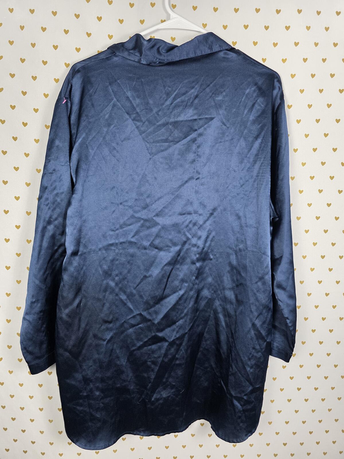 Victorias Secret Dark Blue Silky Satin Sleep Shirt Long Sleeve MEDIUM