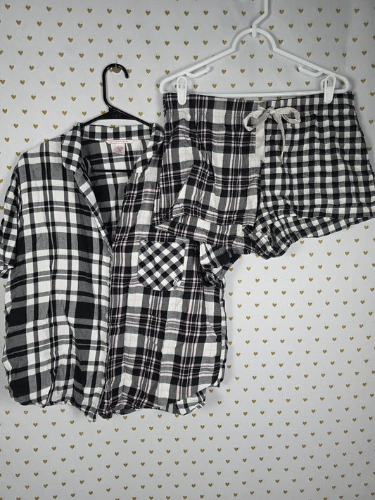 Victorias Secret Plaid Black Sleep Pajama Set 2pc Shorts Shirt Button Front L
