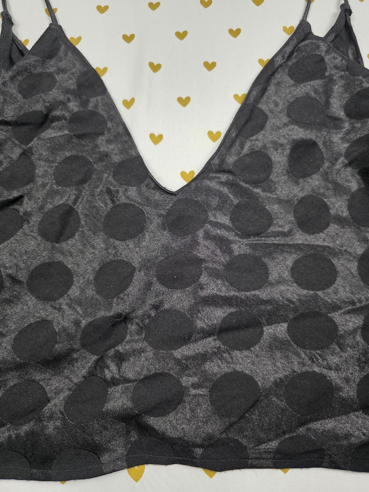 Victorias Secret  Black Satin Polka Dot Tie Tank Top Babydoll XS Cropped