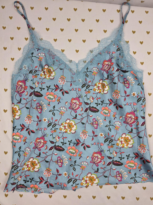 Victorias Secret Blue Floral Satin Babydoll Tank Top SMALL