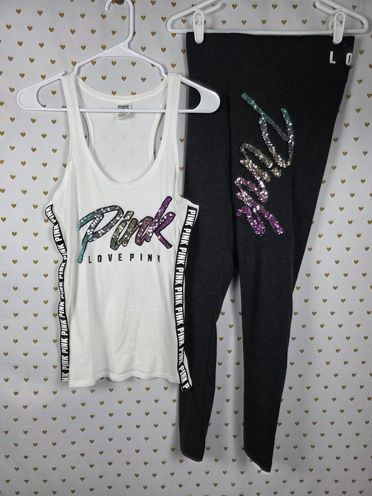 Victorias Secret PINK Gradient Rainbow Sequin BLING HTF Tank Yoga Pants SMALL