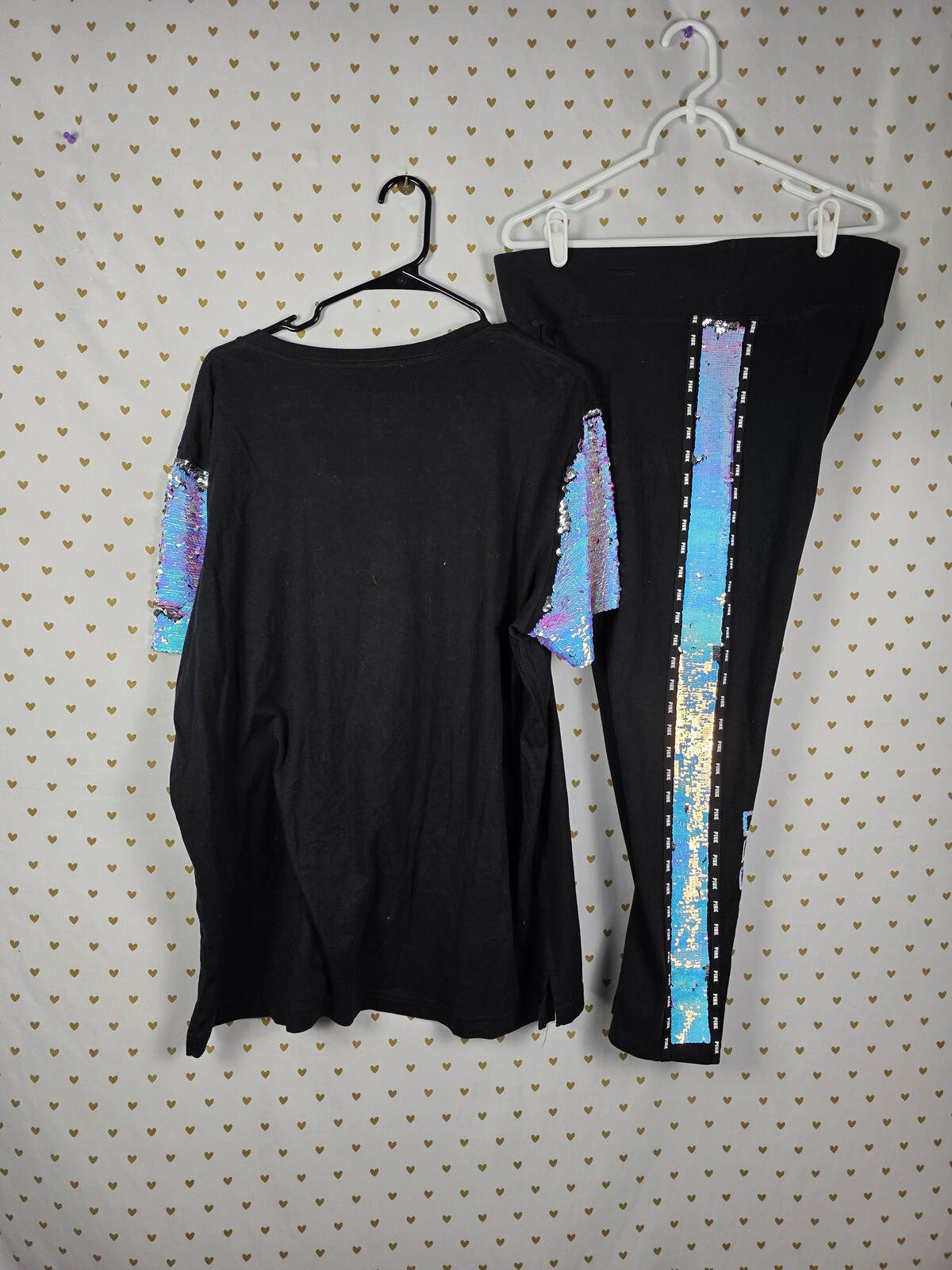 Victorias Secret PINK MERMAID Flip Bling Sequined SET S Tee Yoga Pants HTF RARE