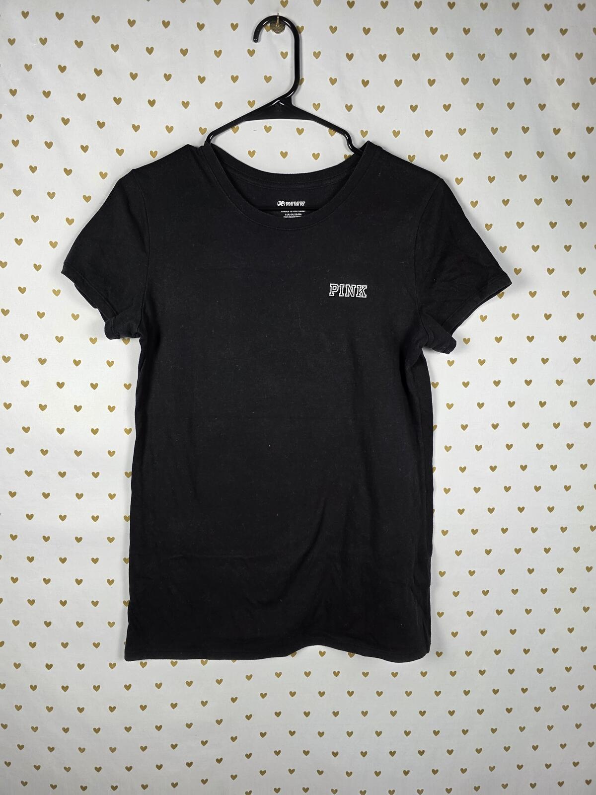 Victorias Secret PINK Black BLING Studded Logo Tee Shirt Pocket SMALL