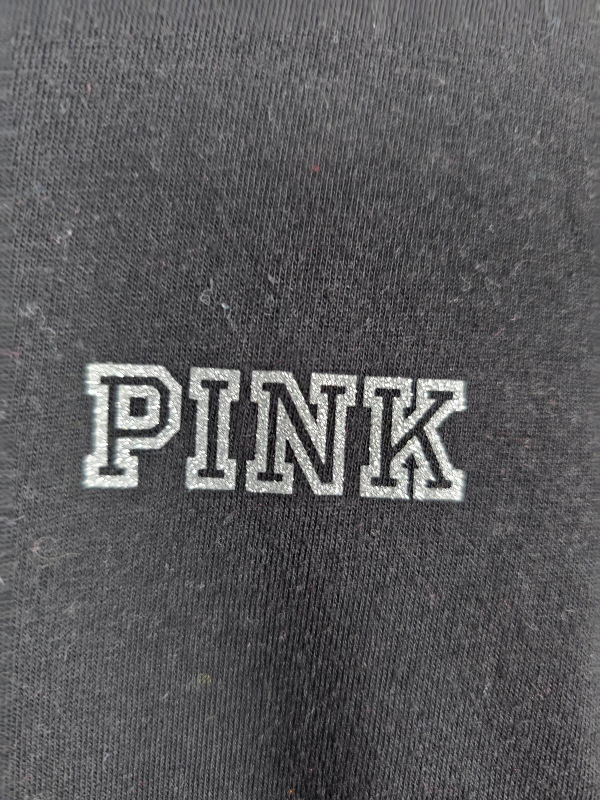Victorias Secret PINK Black BLING Studded Logo Tee Shirt Pocket SMALL