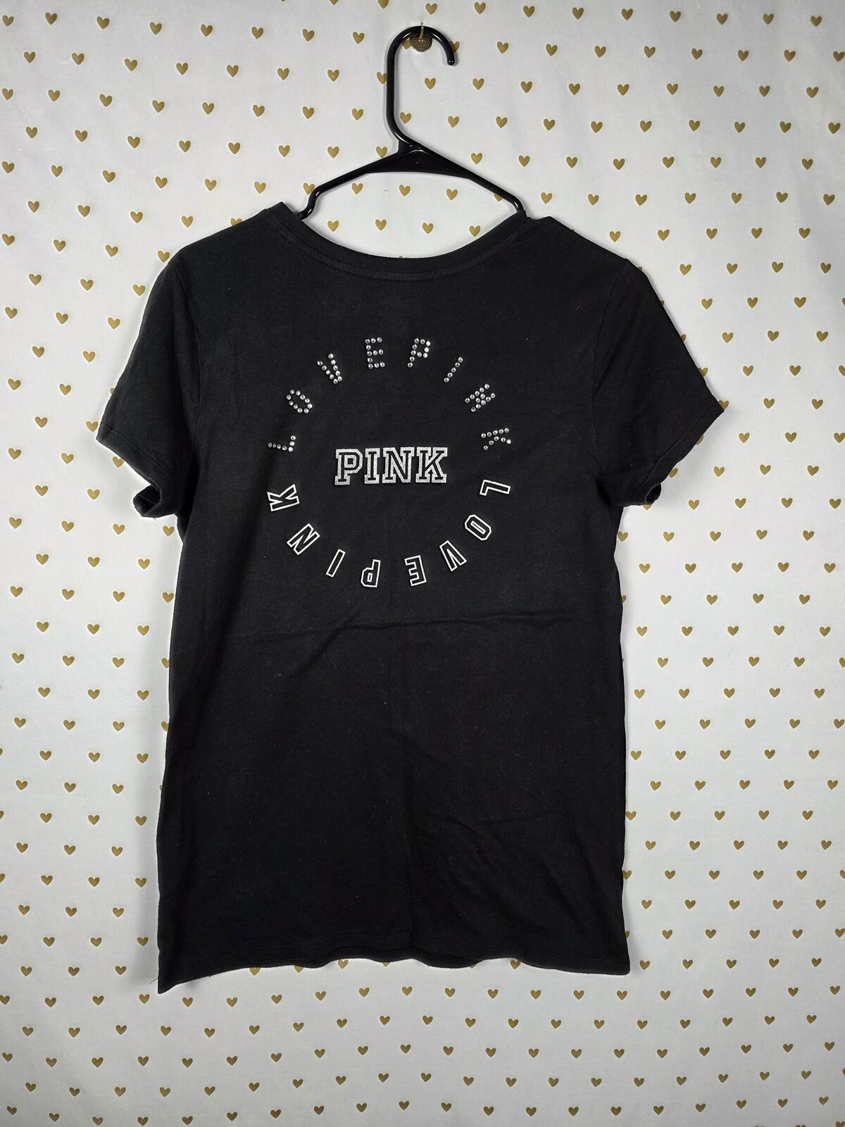 Victorias Secret PINK Black BLING Studded Logo Tee Shirt Pocket SMALL
