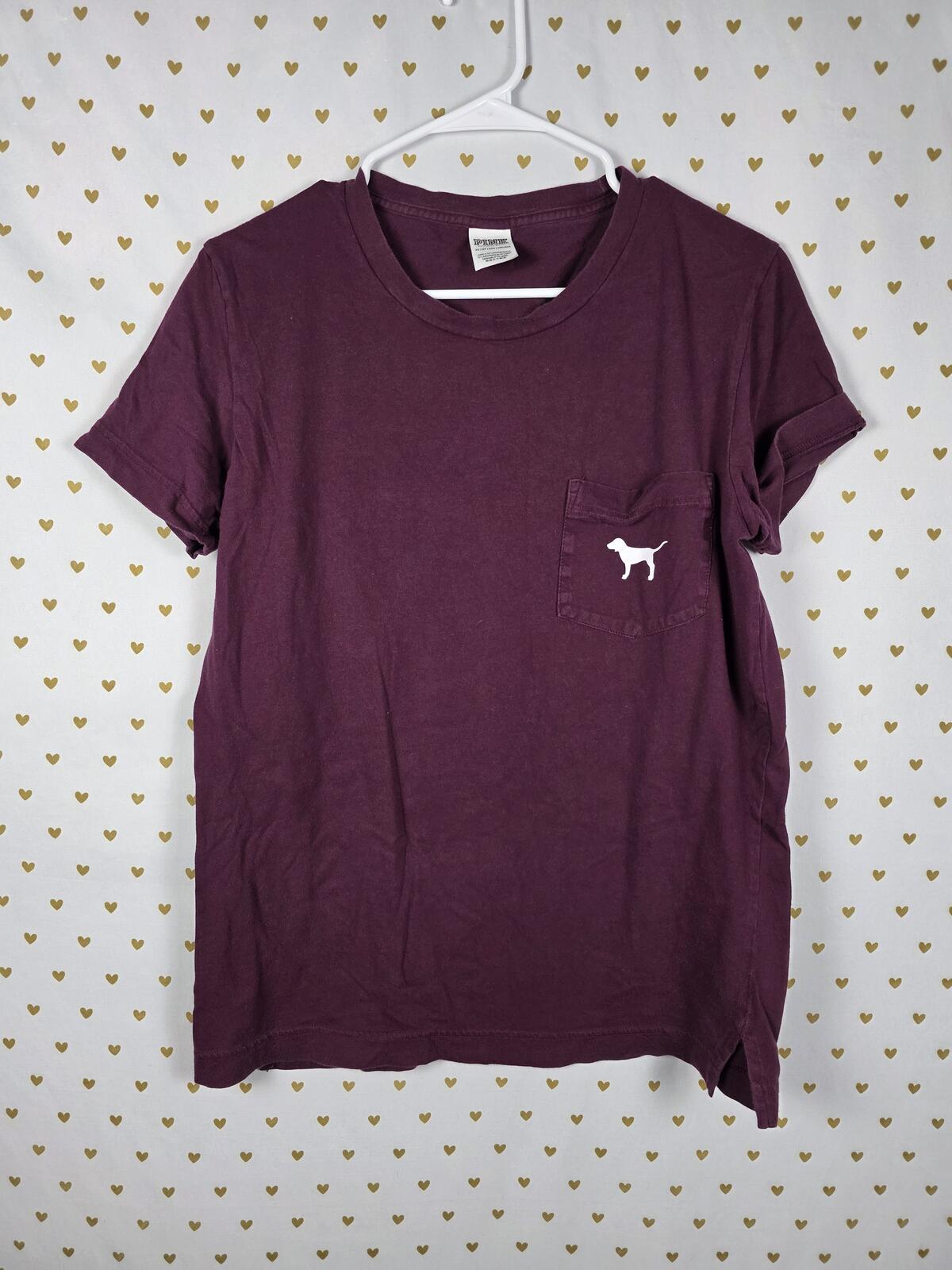 Victorias Secret PINK Maroon Dog Logo Tee Shirt Pocket XS