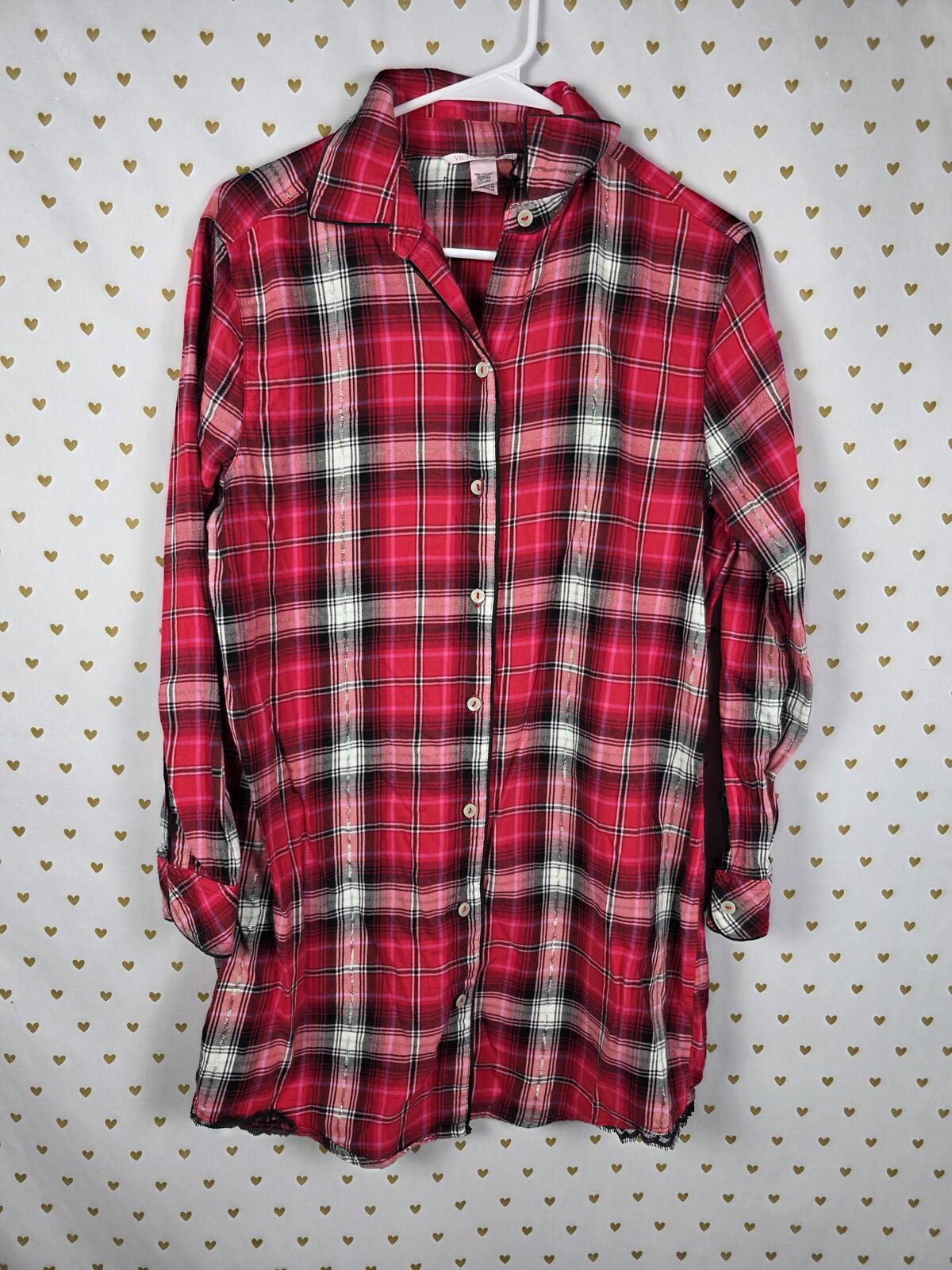Victorias Secret Red Plaid Sleep Shirt Button Down Nightgown Long Sleeve SMALL
