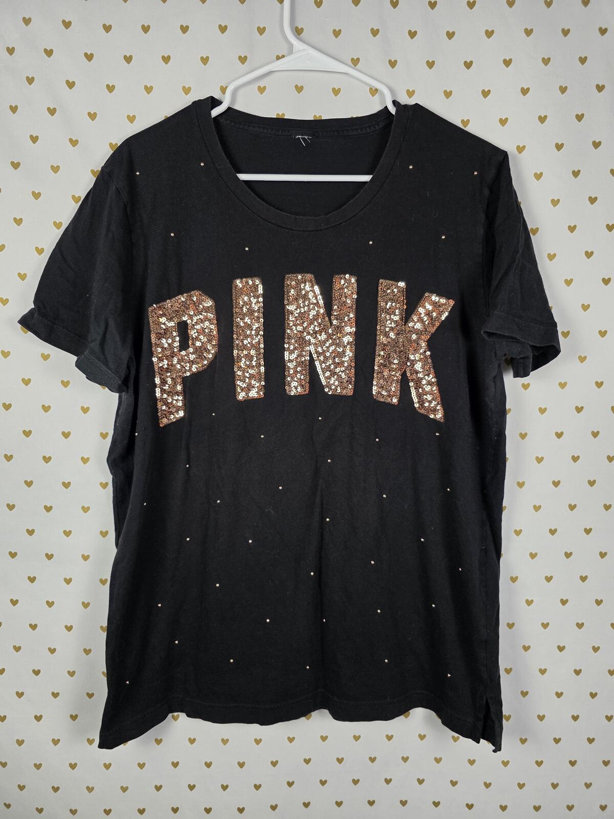 Victorias Secret PINK Bling Studded Gold Sequined Tee Shirt XL