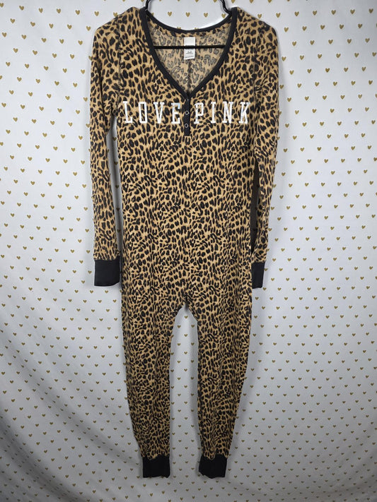 Victorias Secret PINK CHEETAH Leopard One Piece Sleep Outfit Trap Door MEDIUM