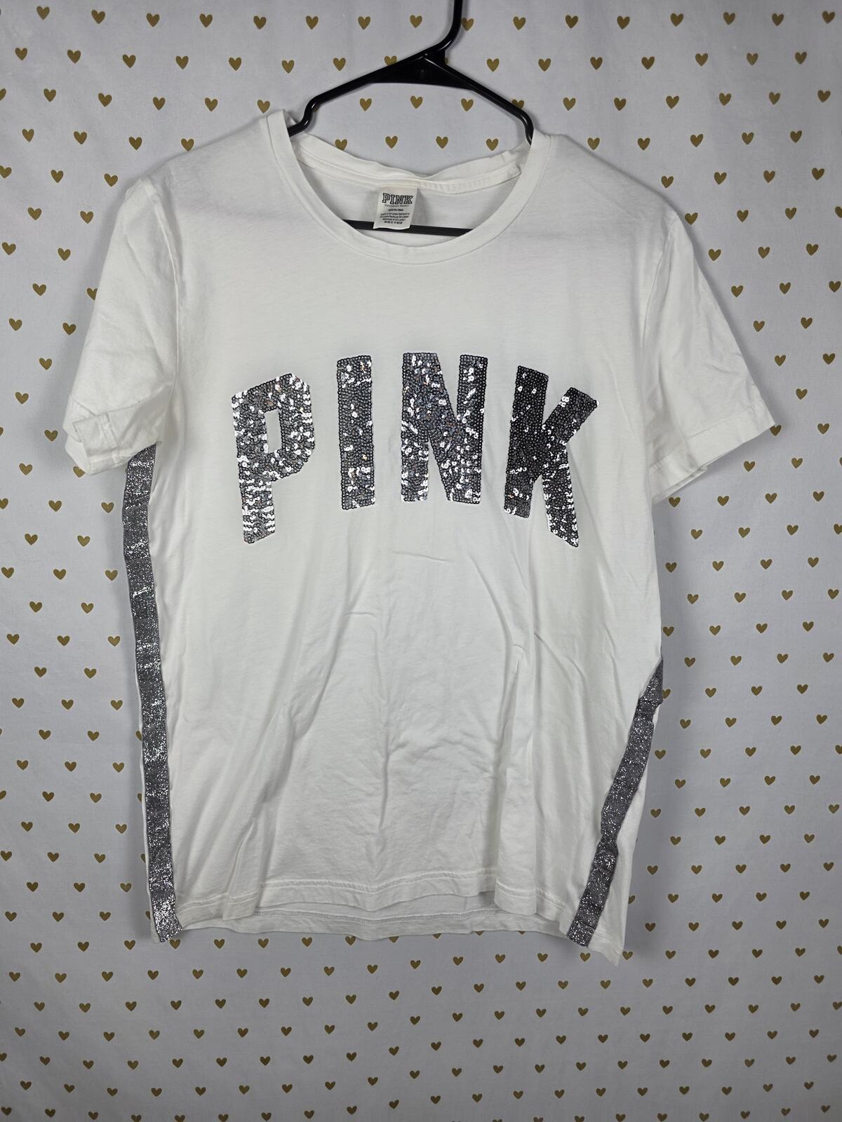 Victorias Secret PINK BLING Gradient Sequined Glitter Tee Shirt White MEDIUM