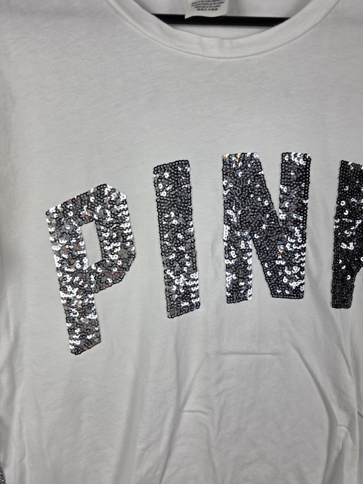Victorias Secret PINK BLING Gradient Sequined Glitter Tee Shirt White MEDIUM
