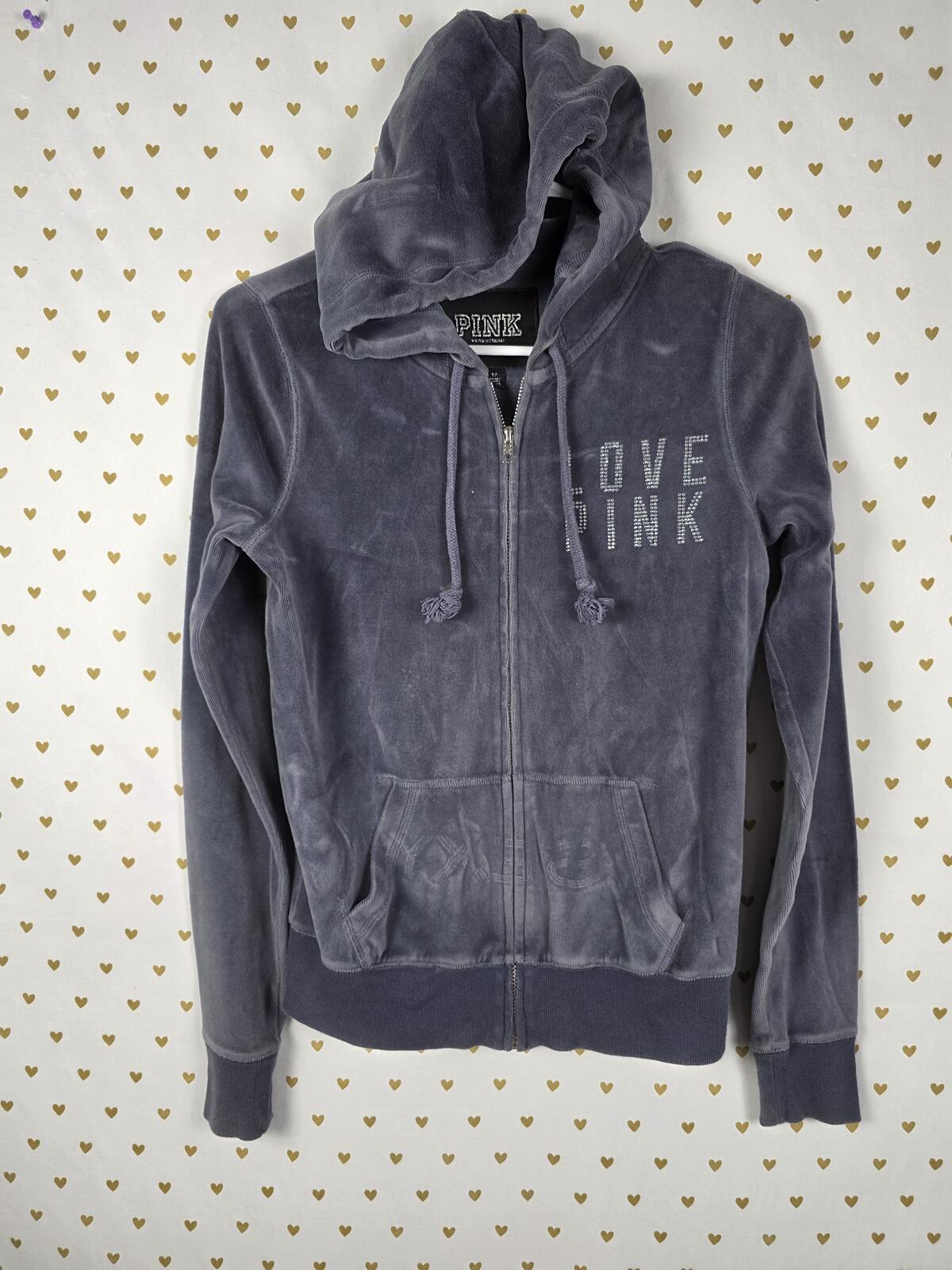 Victorias Secret Pink Grey VELOUR LOVE Logo Full Zip hoodie jacket XS
