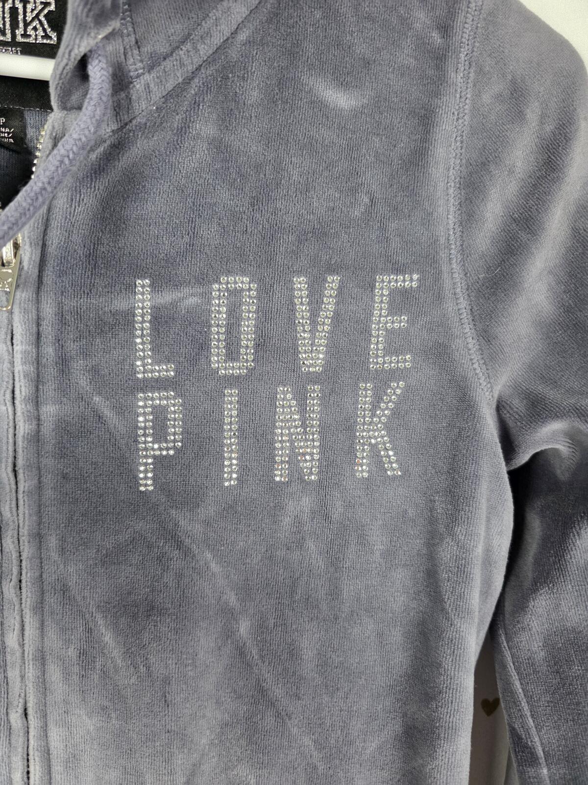 Victorias Secret Pink Grey VELOUR LOVE Logo Full Zip hoodie jacket XS