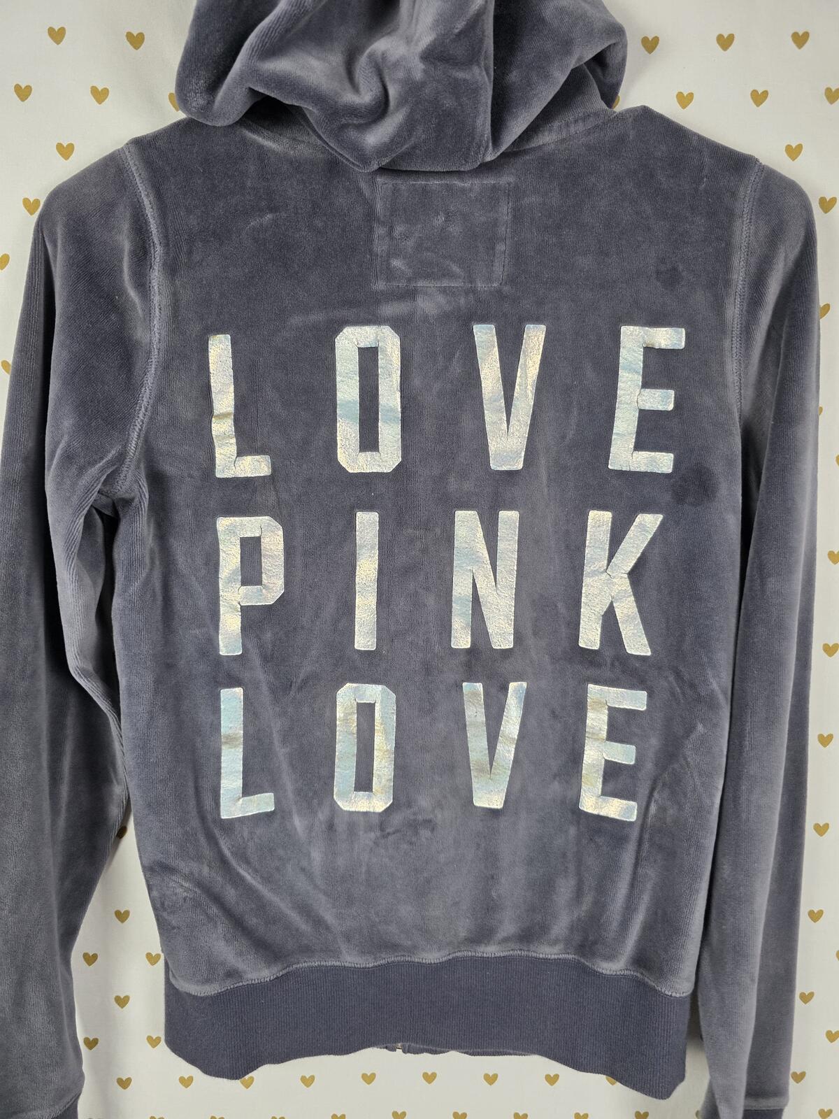 Victorias Secret Pink Grey VELOUR LOVE Logo Full Zip hoodie jacket XS