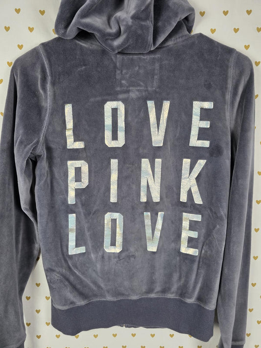 Victorias Secret Pink Grey VELOUR LOVE Logo Full Zip hoodie jacket XS