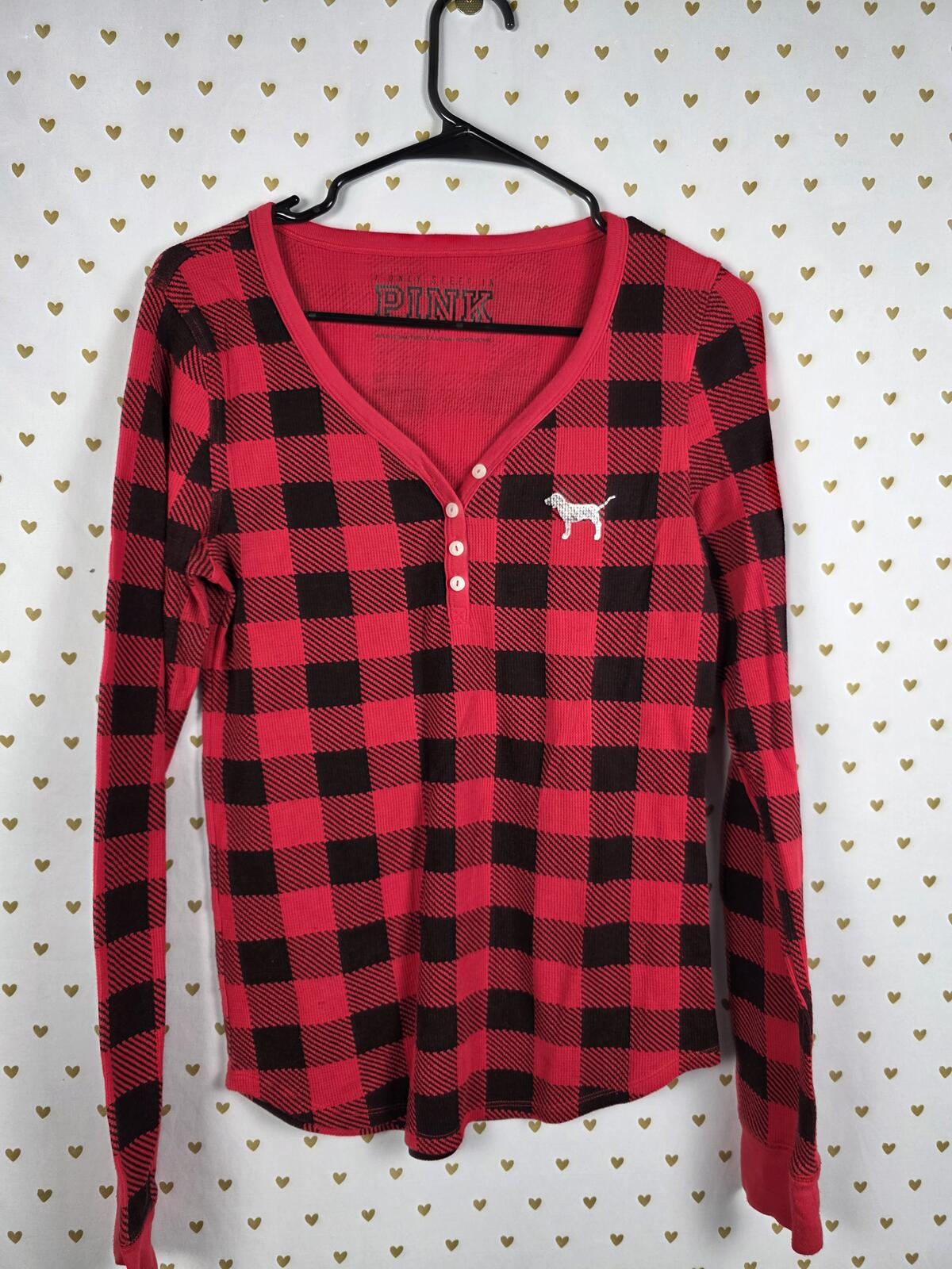 Victorias Secret PINK Waffle Buffalo Plaid Check Thermal Shirt Red Black Large