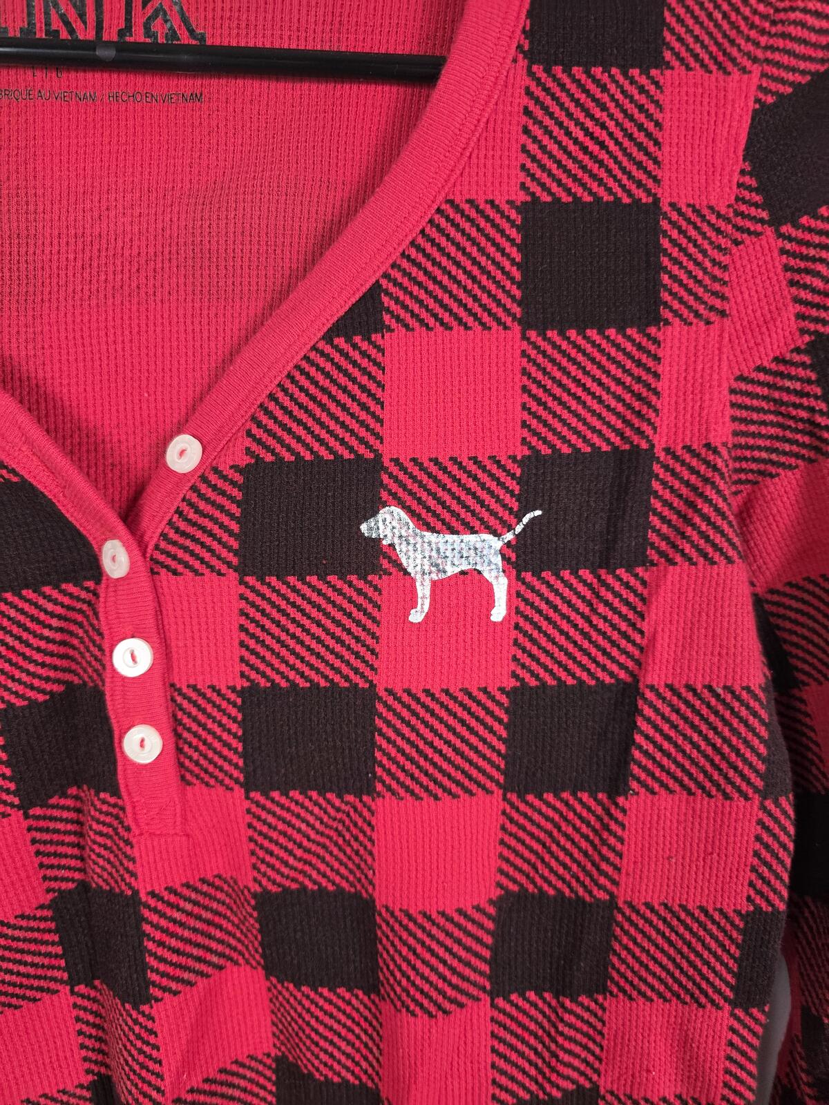Victorias Secret PINK Waffle Buffalo Plaid Check Thermal Shirt Red Black Large