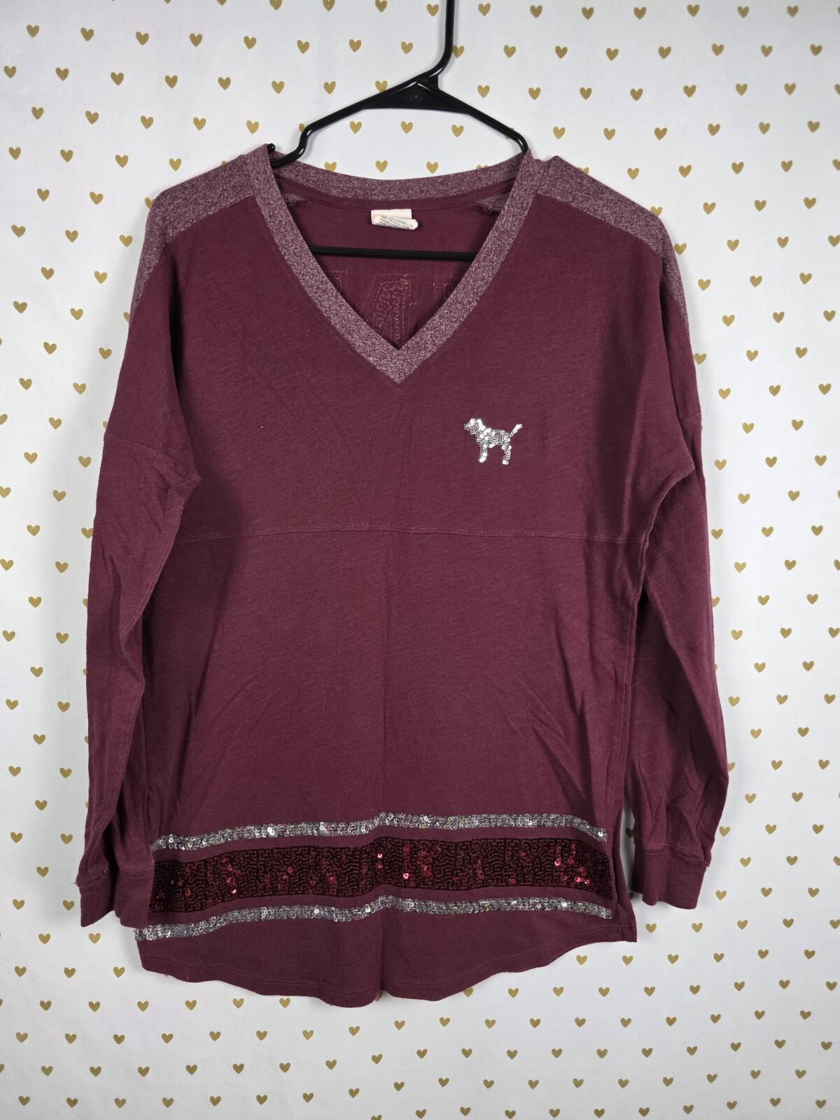 Victorias Secret PINK Maroon V Neck Sequined BLING Long Sleeve Tee shirt XS