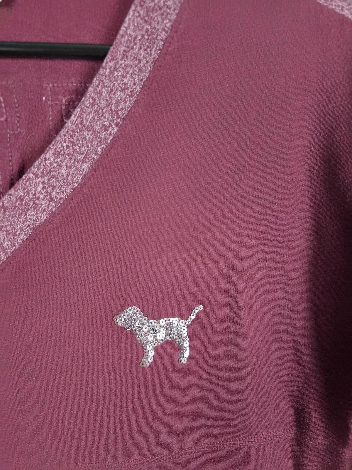Victorias Secret PINK Maroon V Neck Sequined BLING Long Sleeve Tee shirt XS