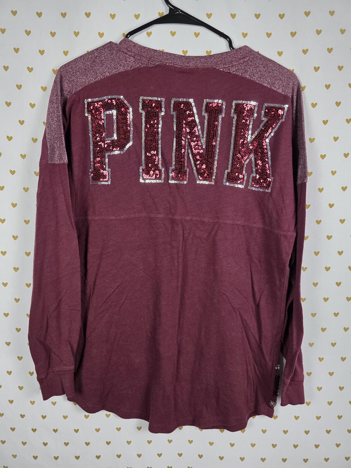 Victorias Secret PINK Maroon V Neck Sequined BLING Long Sleeve Tee shirt XS