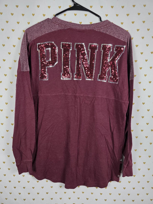 Victorias Secret PINK Maroon V Neck Sequined BLING Long Sleeve Tee shirt XS