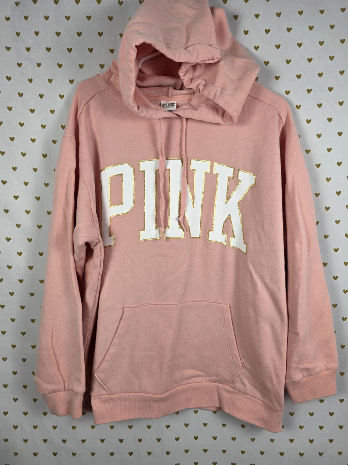 Victorias Secret Pink Oversized Logo Pullover Hoodie Sweater Peach LARGE