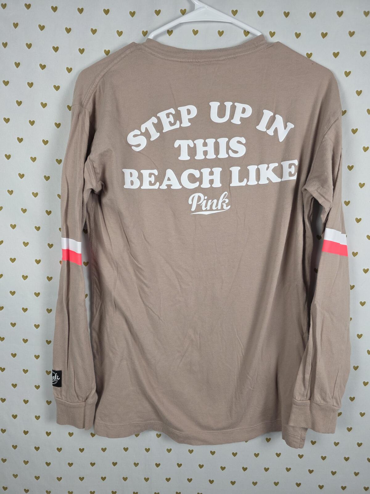 Victorias Secret PINK Long sleeve BEACH Funny Tee Shirt V Neck XS Oversized