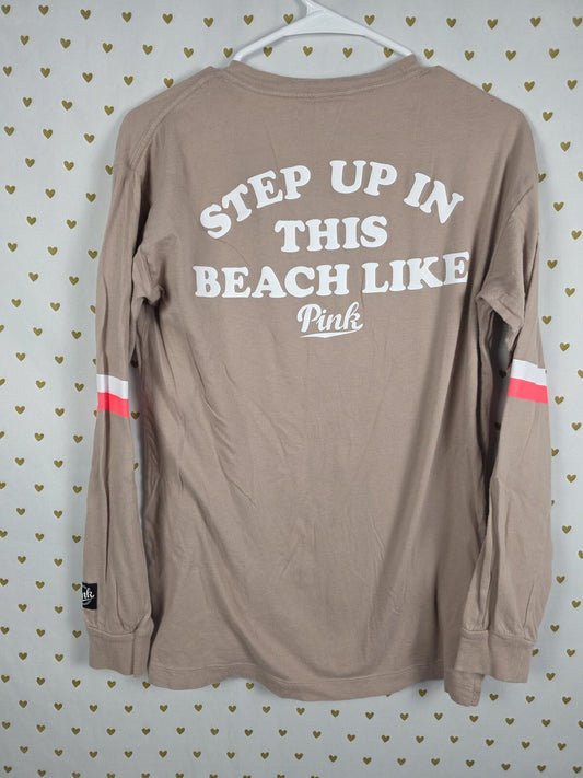 Victorias Secret PINK Long sleeve BEACH Funny Tee Shirt V Neck XS Oversized