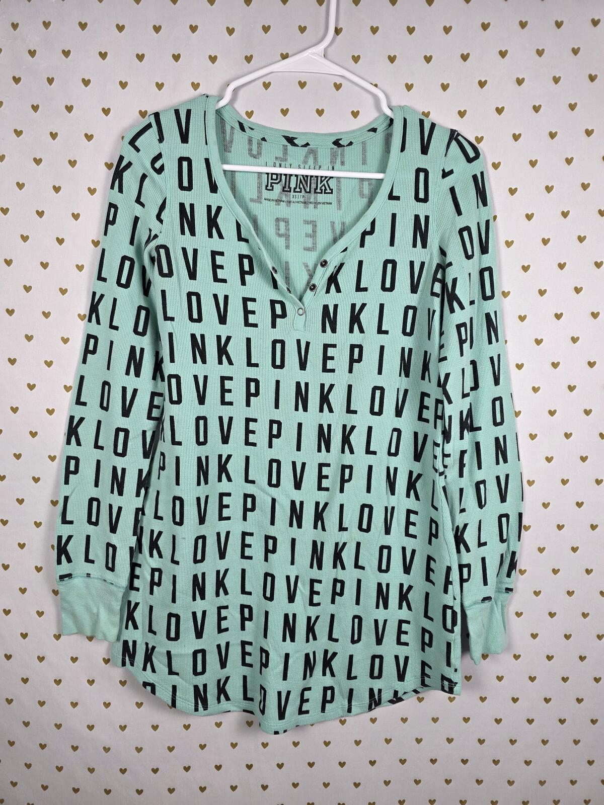 Victorias Secret PINK Mint Logo Waffle Thermal Long sleeve sleep Shirt nightgown
