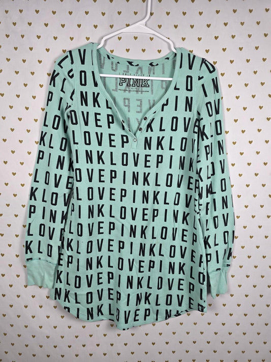 Victorias Secret PINK Mint Logo Waffle Thermal Long sleeve sleep Shirt nightgown