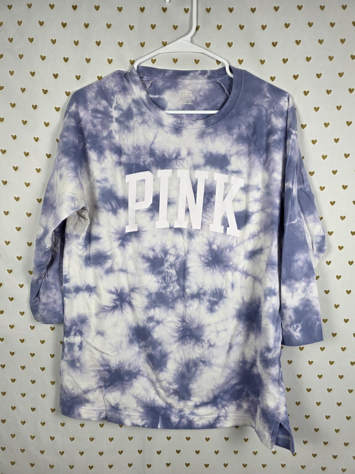 Victorias Secret PINK Tye Dye Quarter Sleeve Logo Tee shirt Blue SMALL