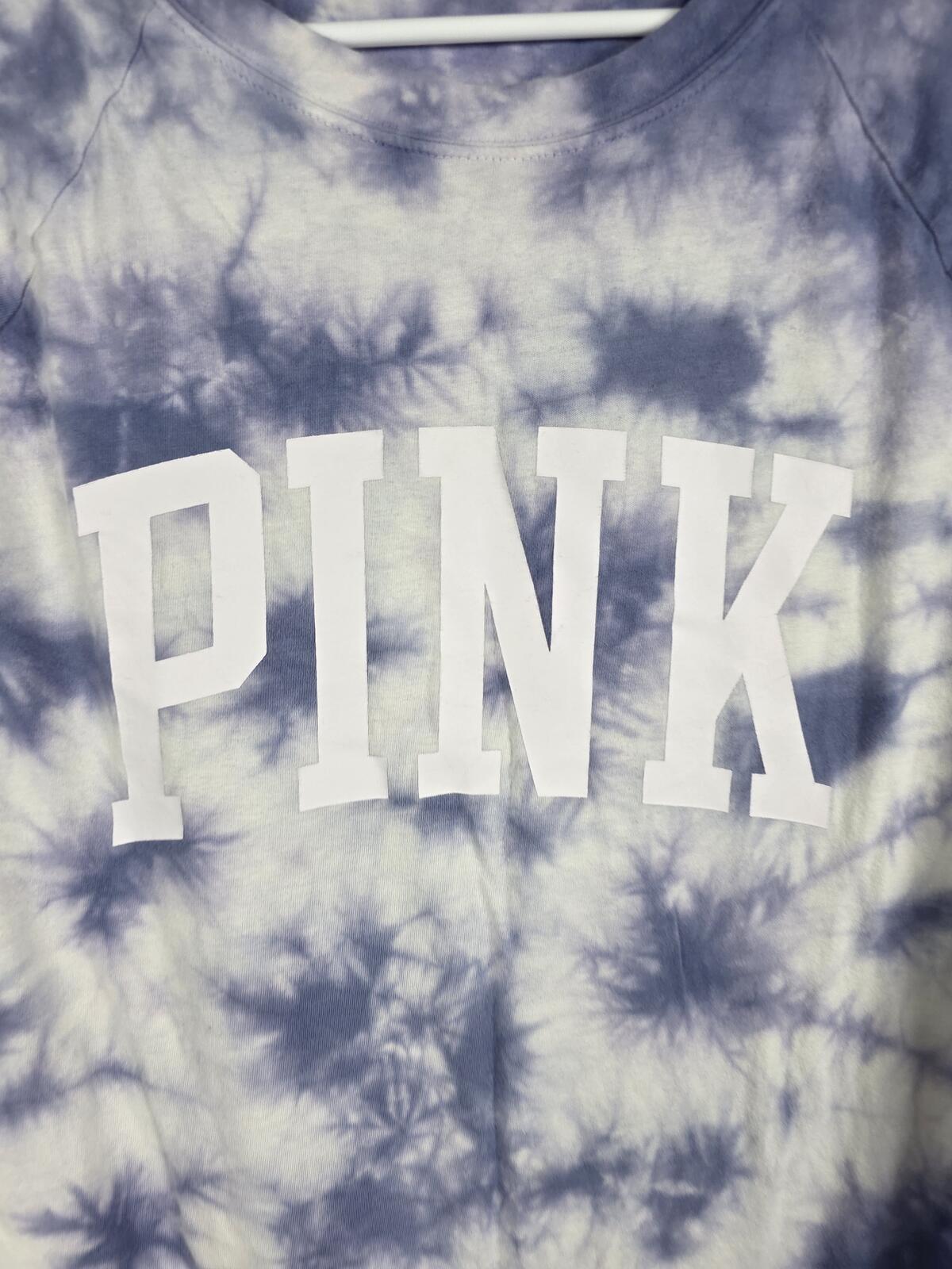Victorias Secret PINK Tye Dye Quarter Sleeve Logo Tee shirt Blue SMALL
