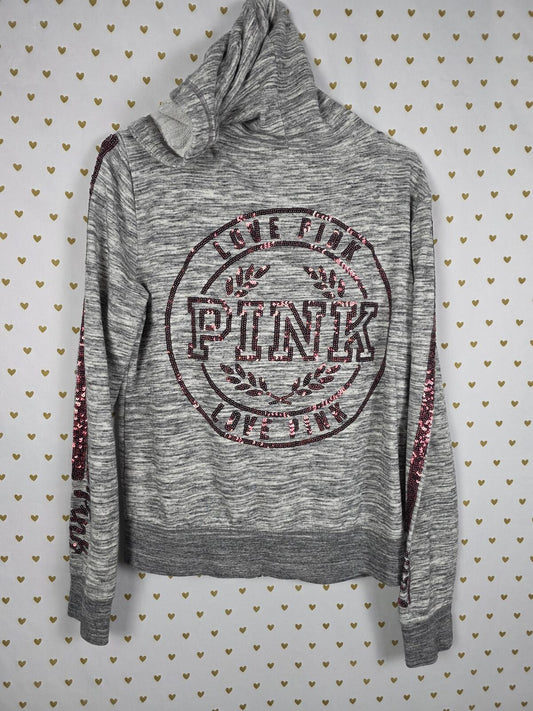 Victorias Secret Pink RED BLING SEQUINED Full Zip Hoodie Jacket Grey LARGE