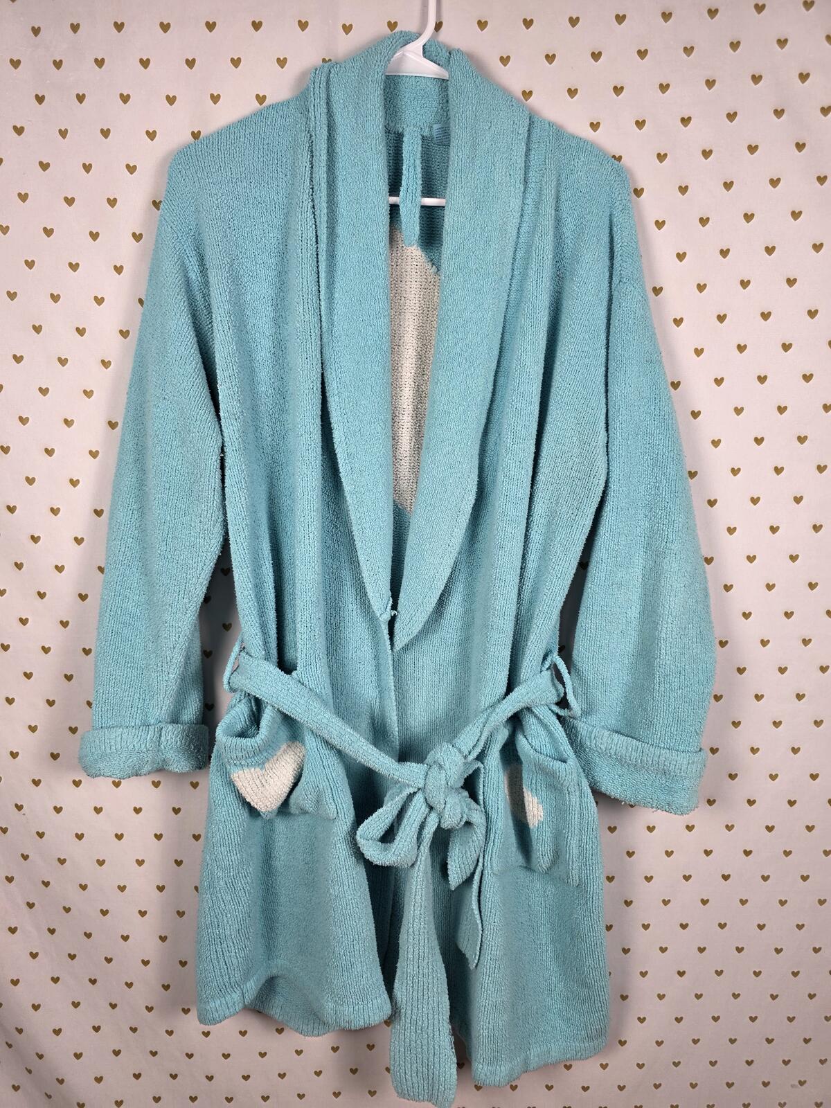 Victorias Secret Vintage HEART Heavy Warm Blue Robe 90's Knit Bath Cover Up MED