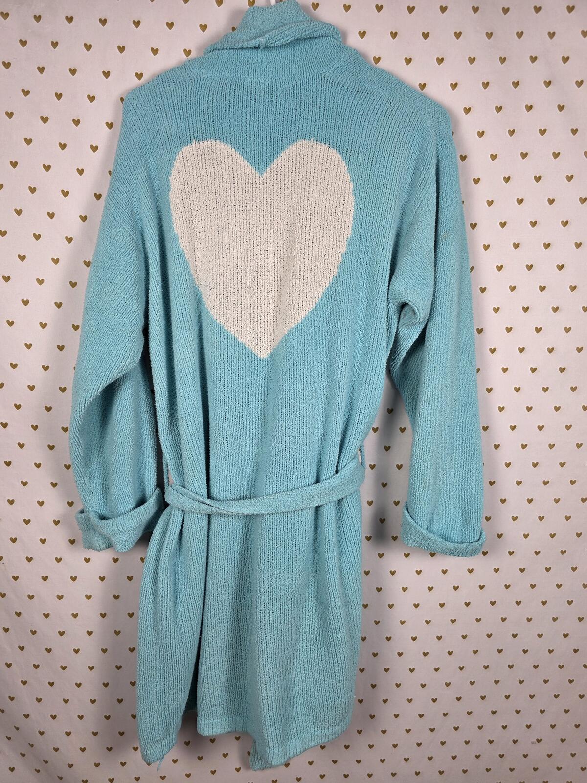 Victorias Secret Vintage HEART Heavy Warm Blue Robe 90's Knit Bath Cover Up MED