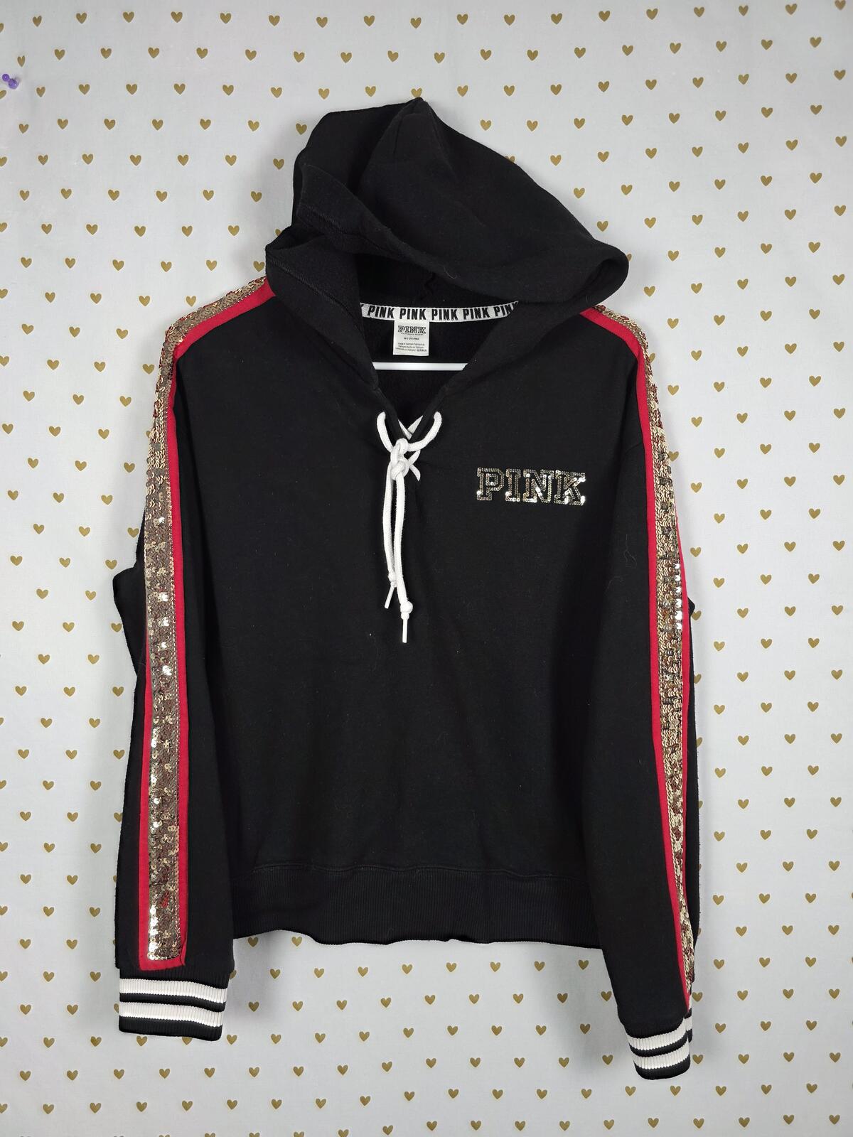 Victorias Secret Pink BLING SEQUINED Rose LOVE Pullover Hoodie Sweater Medium