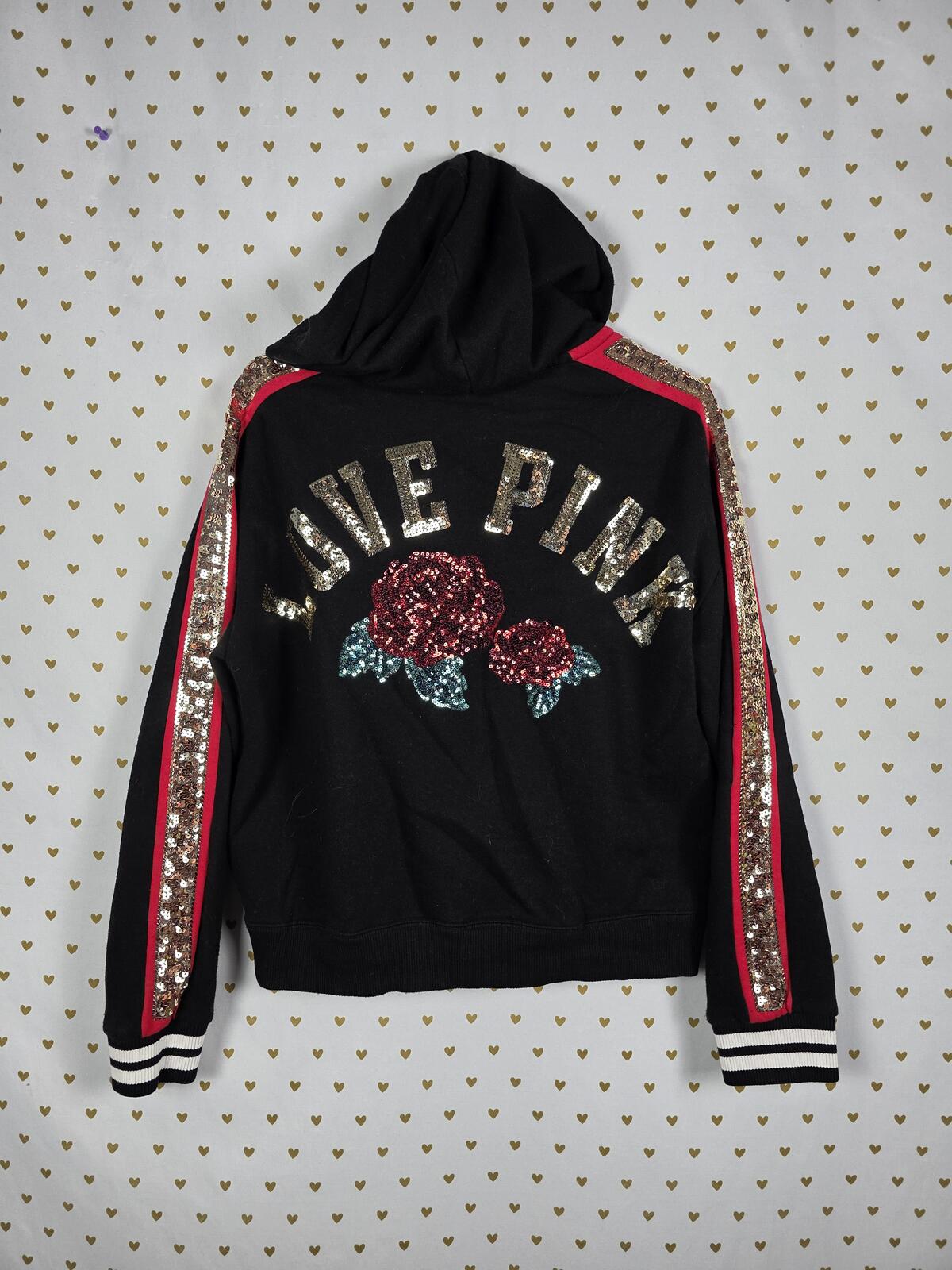 Victorias Secret Pink BLING SEQUINED Rose LOVE Pullover Hoodie Sweater Medium