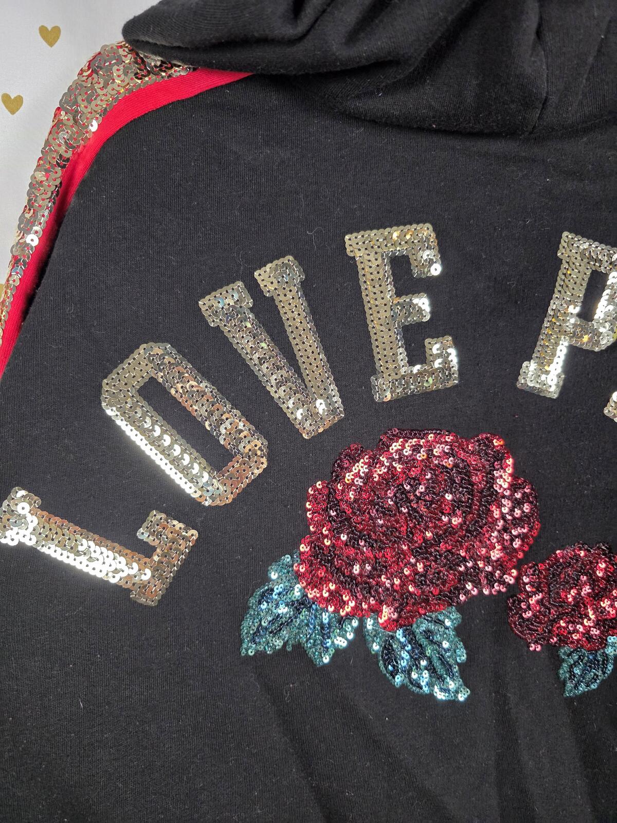 Victorias Secret Pink BLING SEQUINED Rose LOVE Pullover Hoodie Sweater Medium