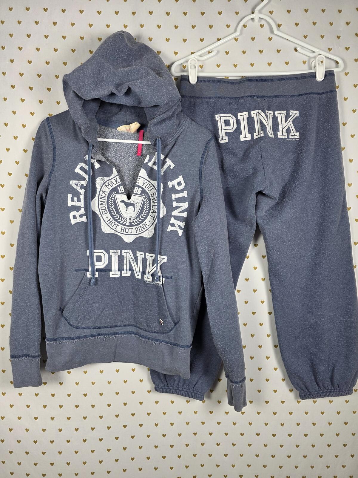 Victorias Secret Pink Vintage University SET 2pc Hoodie Sweats Logo Butt SMALL M
