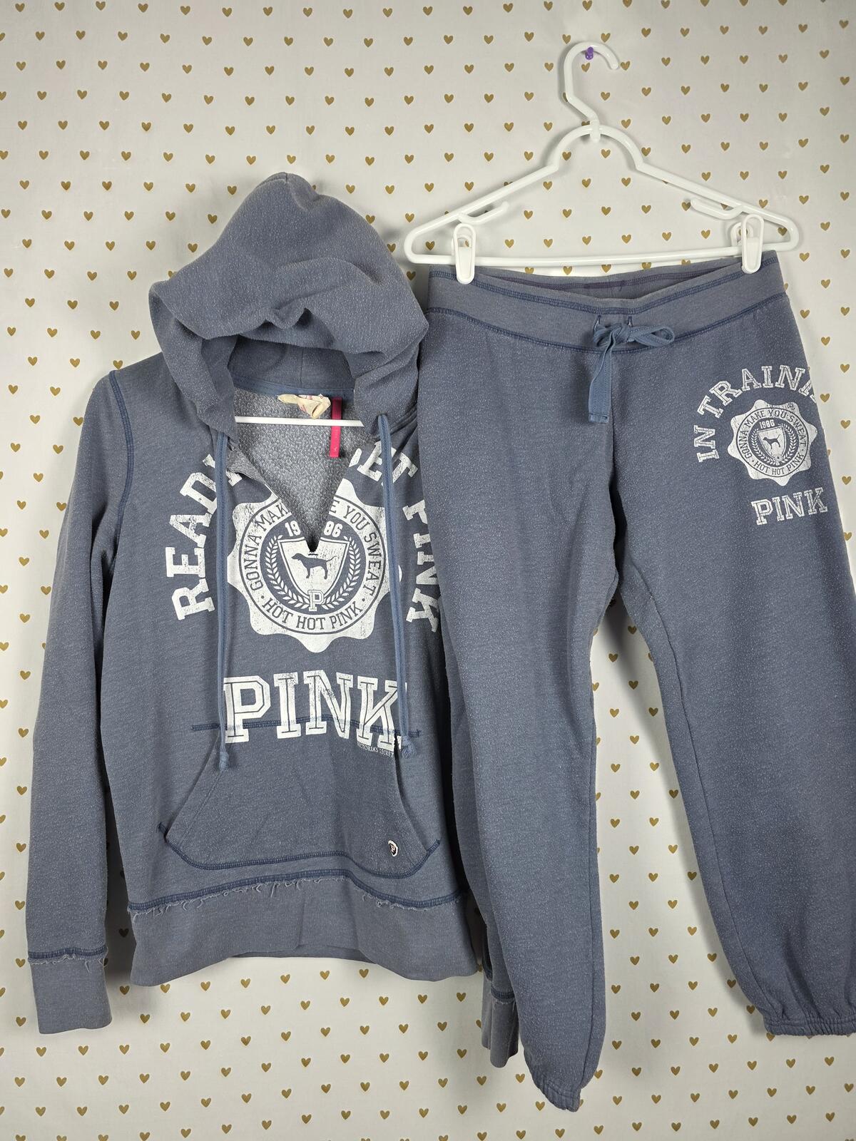 Victorias Secret Pink Vintage University SET 2pc Hoodie Sweats Logo Butt SMALL M