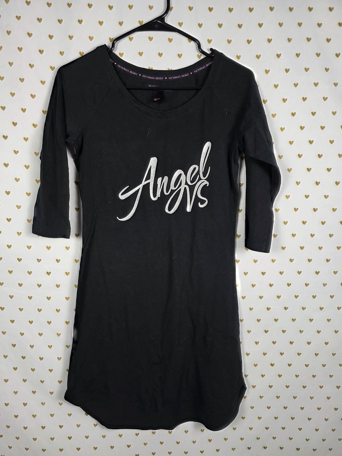 Victorias Secret Bling Glitter Angel Sleep Shirt Nightgown Black Quarter Sleeve