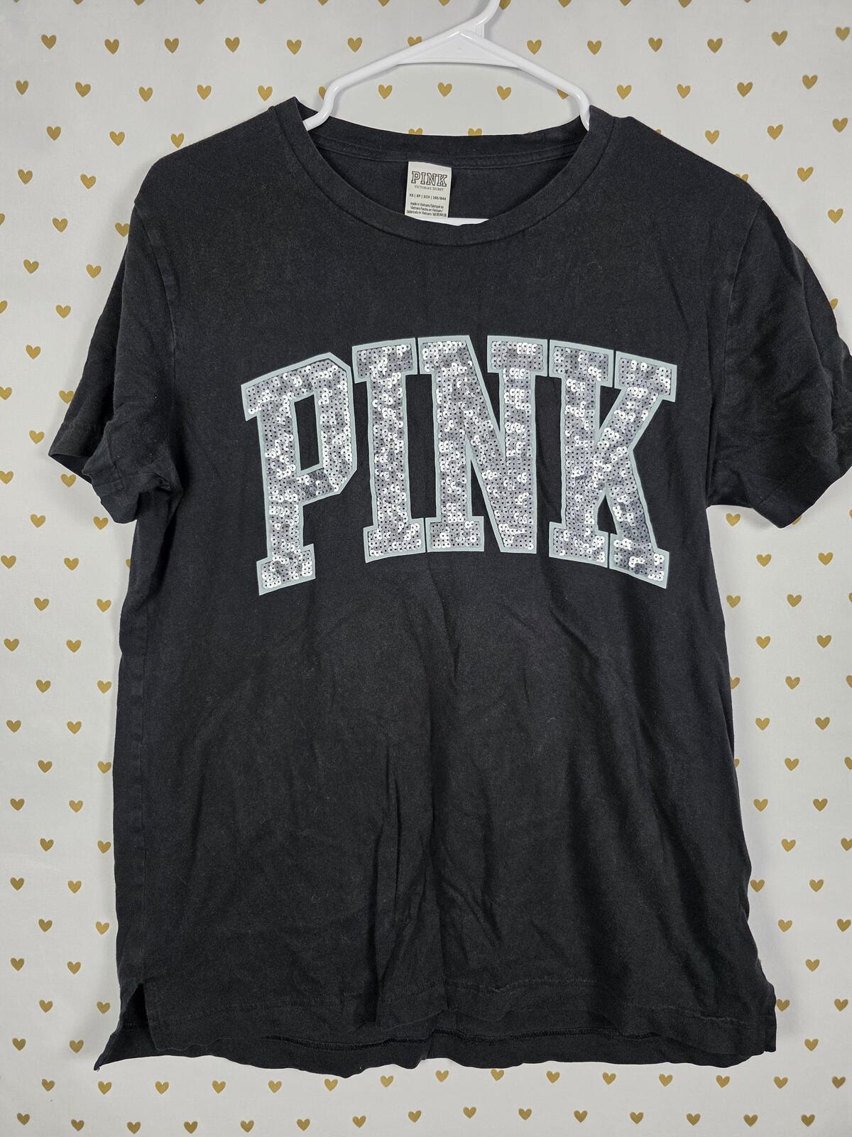Victorias Secret PINK Matte BLING Sequined Logo Tee shirt XS Oversized
